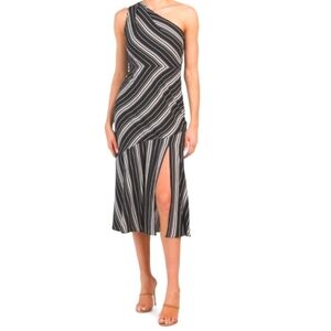 COPY - Sam Edelman Black/White Striped One Shoulder Midi Dress With Front Slit
